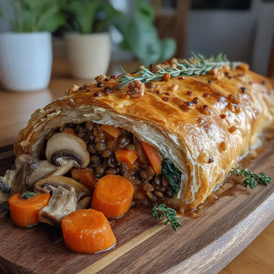 Vegetarian Wellington with Mushrooms and Lentils, ready to serve