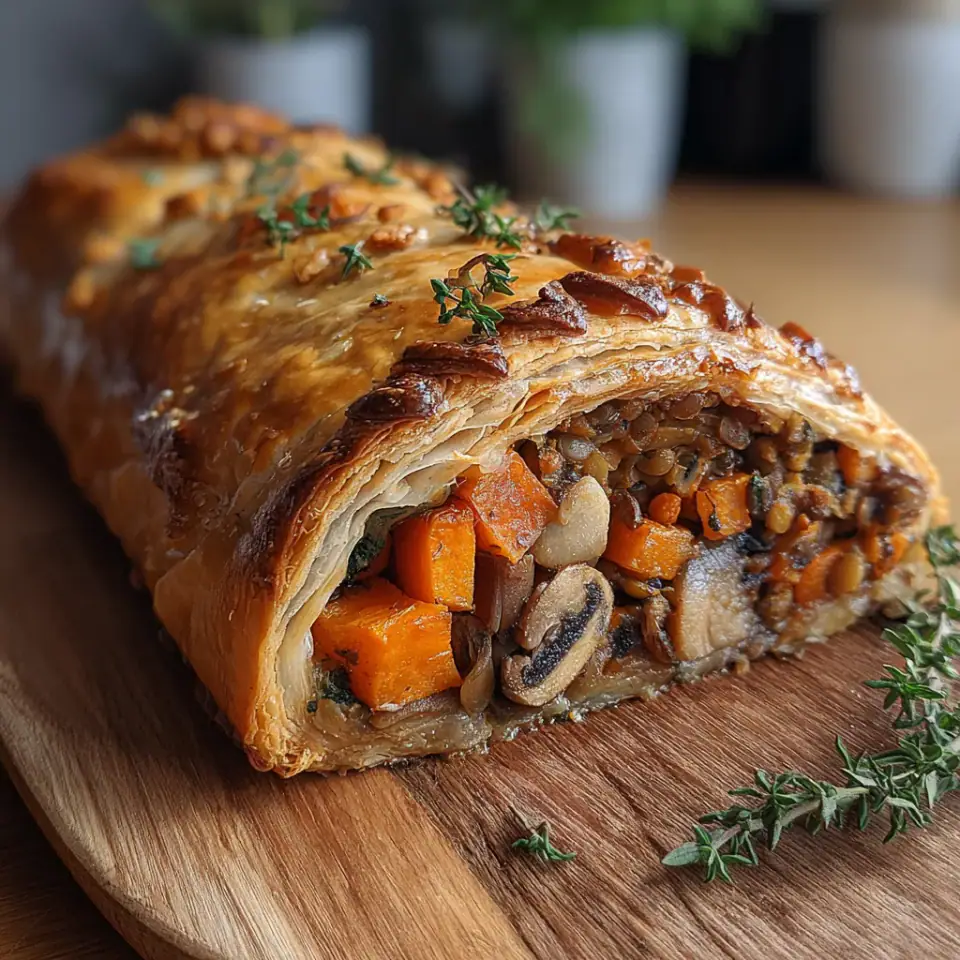 A close look at Vegetarian Wellington with Mushrooms and Lentils