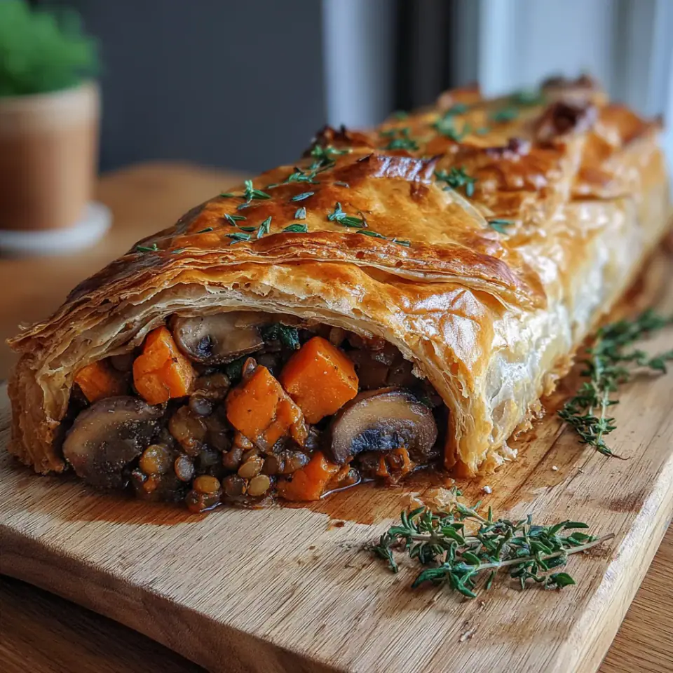Vegetarian Wellington with Mushrooms and Lentils served on the table