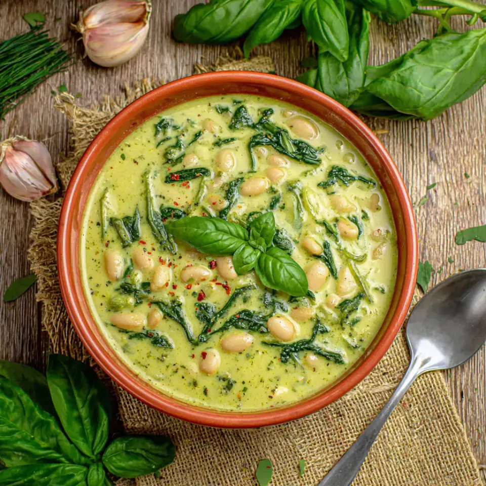 White Bean Pesto Soup, ready to serve