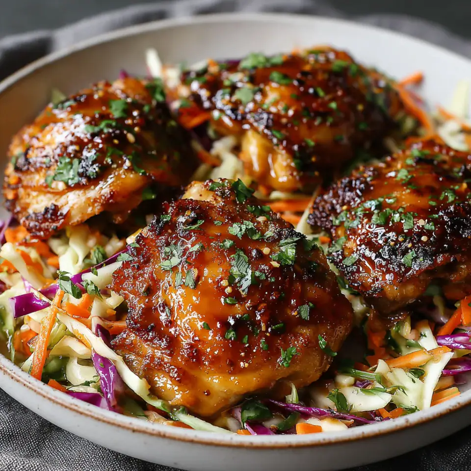 Sticky Apple Cider Chicken with Autumn Slaw, ready to serve