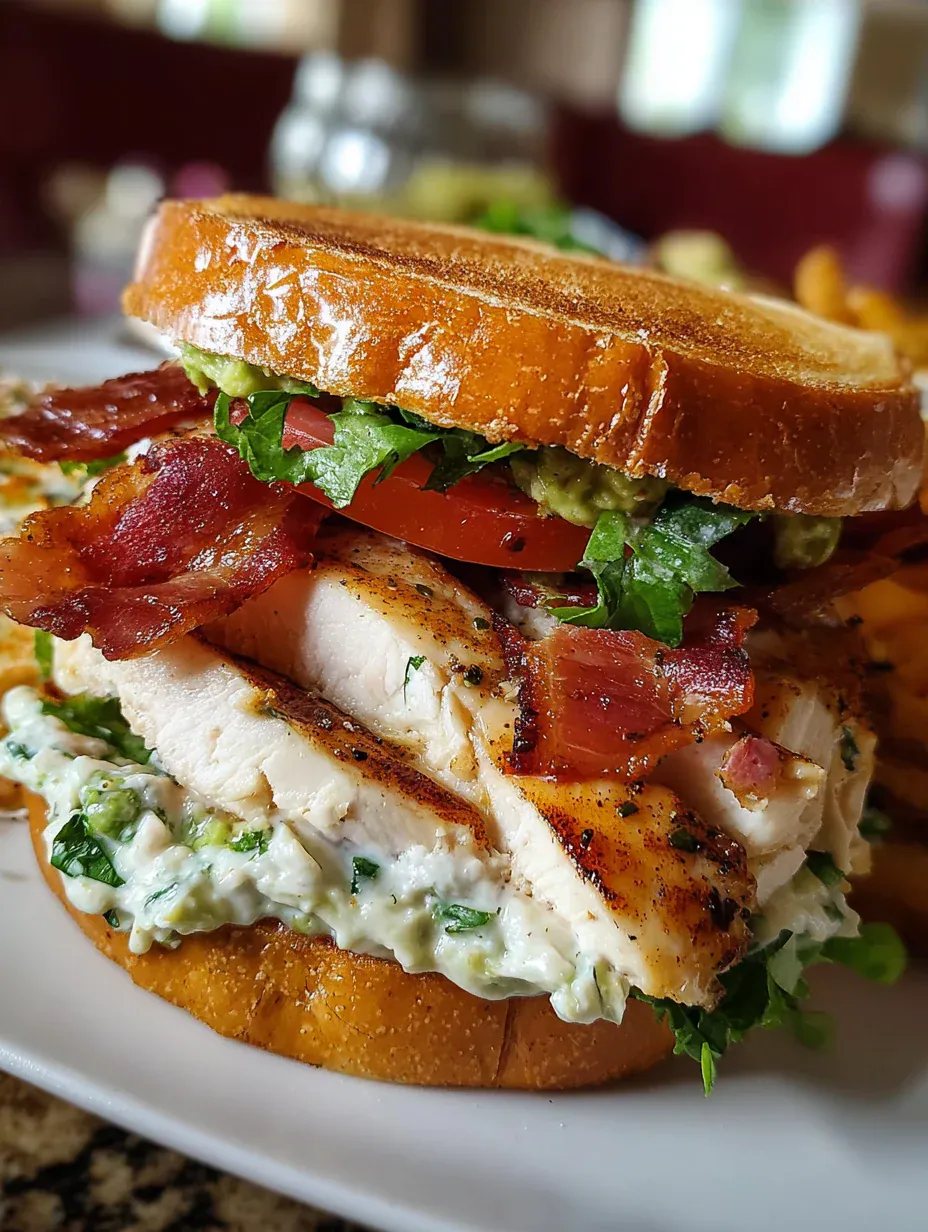 Loaded Chicken Club Sandwich with Bacon and Avocado Ranch, ready to serve