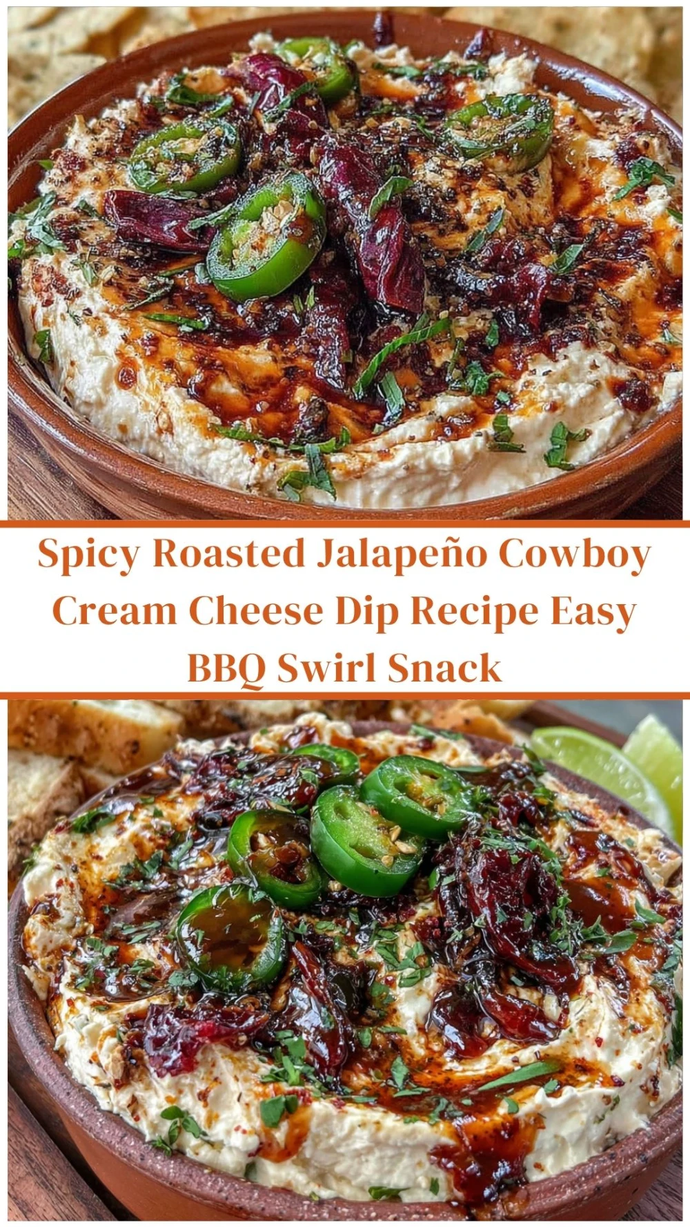 Spicy Roasted Jalapeño Cowboy Cream Cheese Dip with BBQ Swirl
