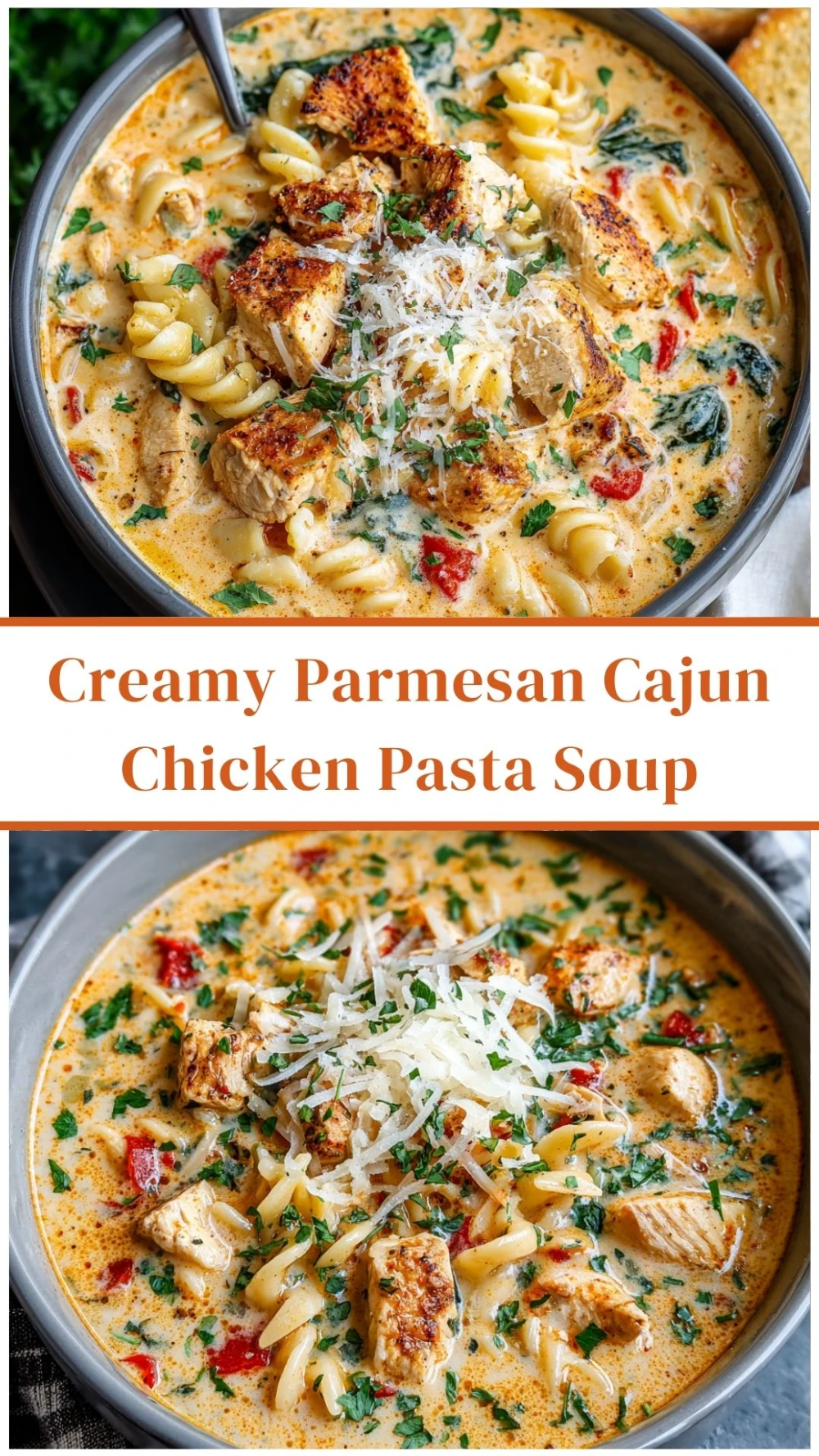 Creamy Parmesan Cajun Chicken Pasta Soup